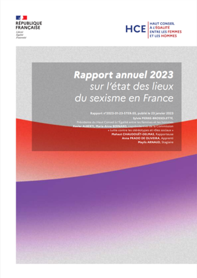 Page de couverture du rapport annuel 2023 du Haut Conseil à l'égalité entre les femmes et les hommes sur l'état du sexisme en France