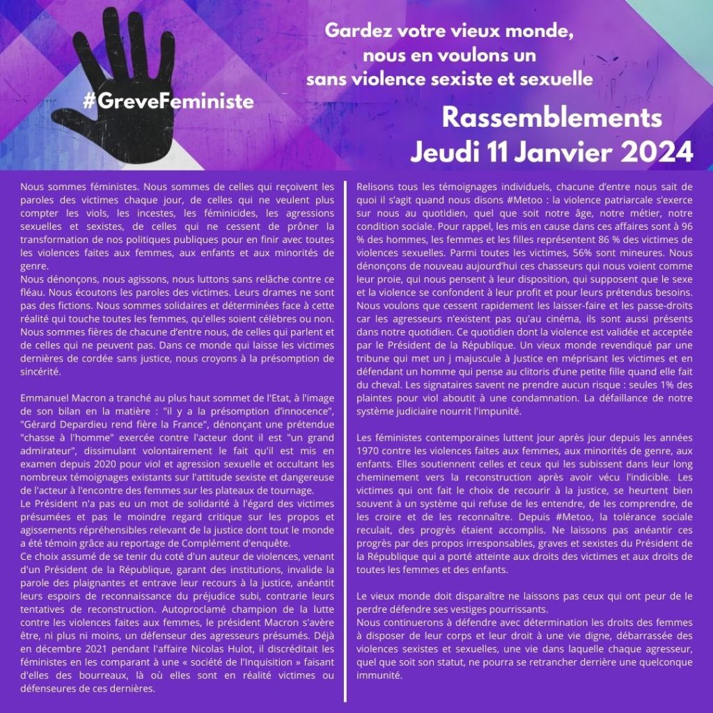 Affiche de l'appel à la grève féministe - rassemblements le jeudi 11 janvier 2024