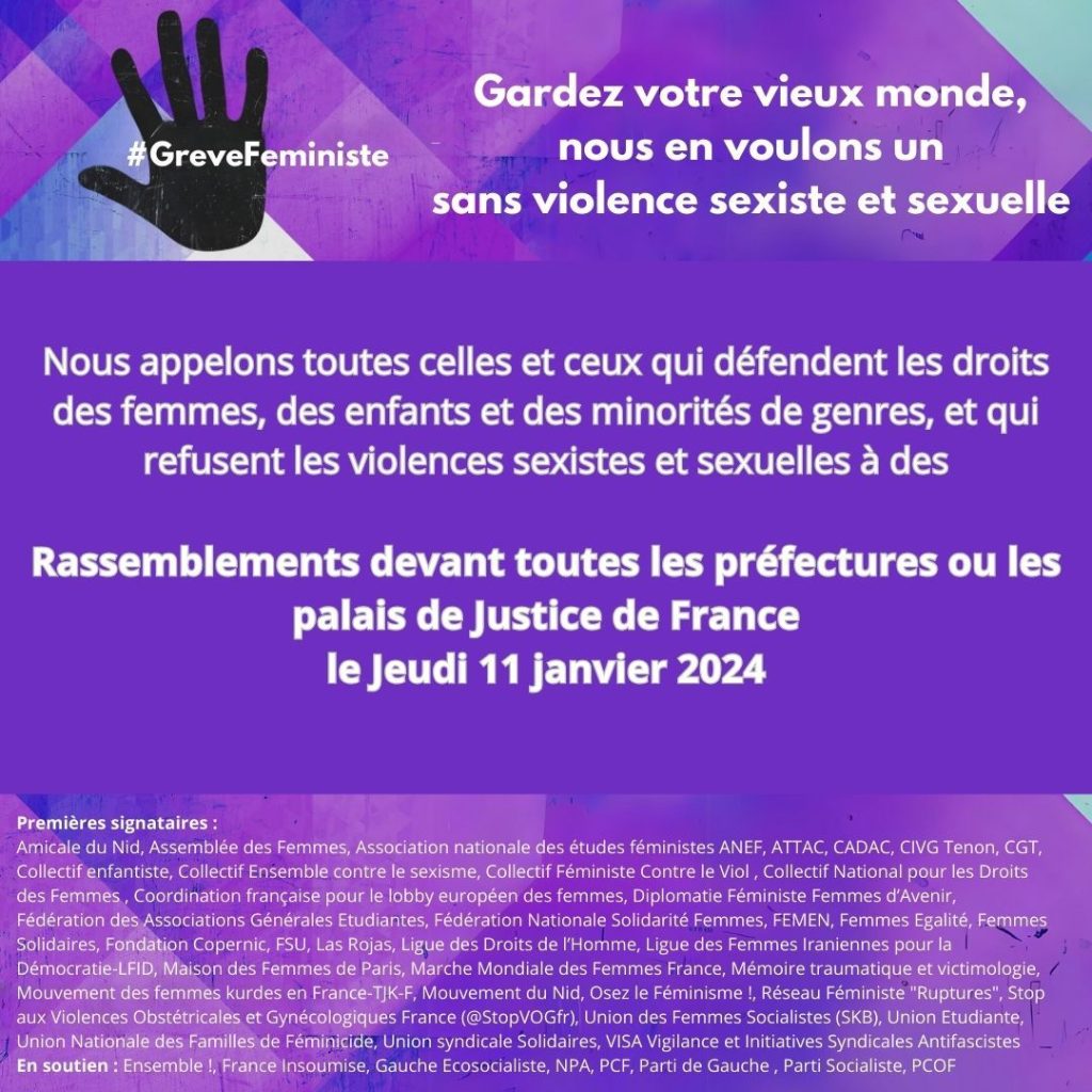 Affiche de l'appel à la grève féministe - rassemblements le jeudi 11 janvier 2024